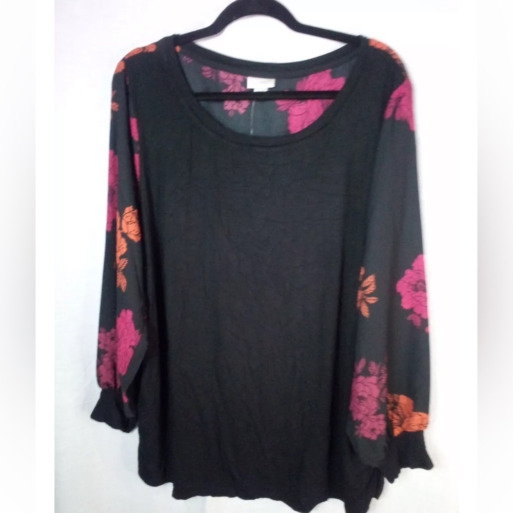 Avenue Womens TOP 3X  Flirty Black Pink‎ Orange Floral Ribbed Long Sleeve